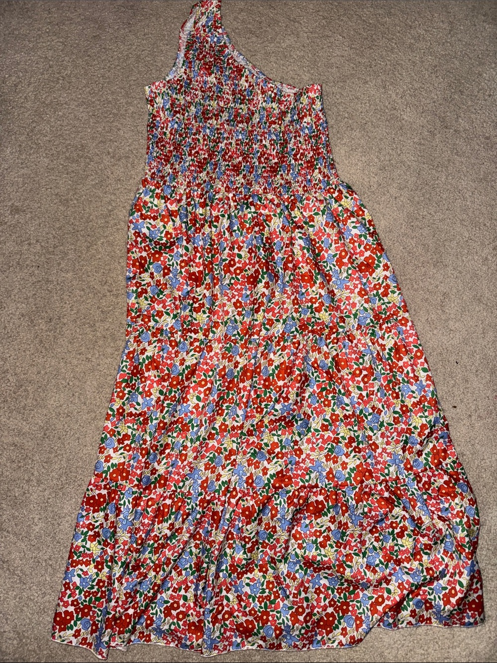 One-Shoulder Floral Summer Maxi Dress in Red, Blue & Green